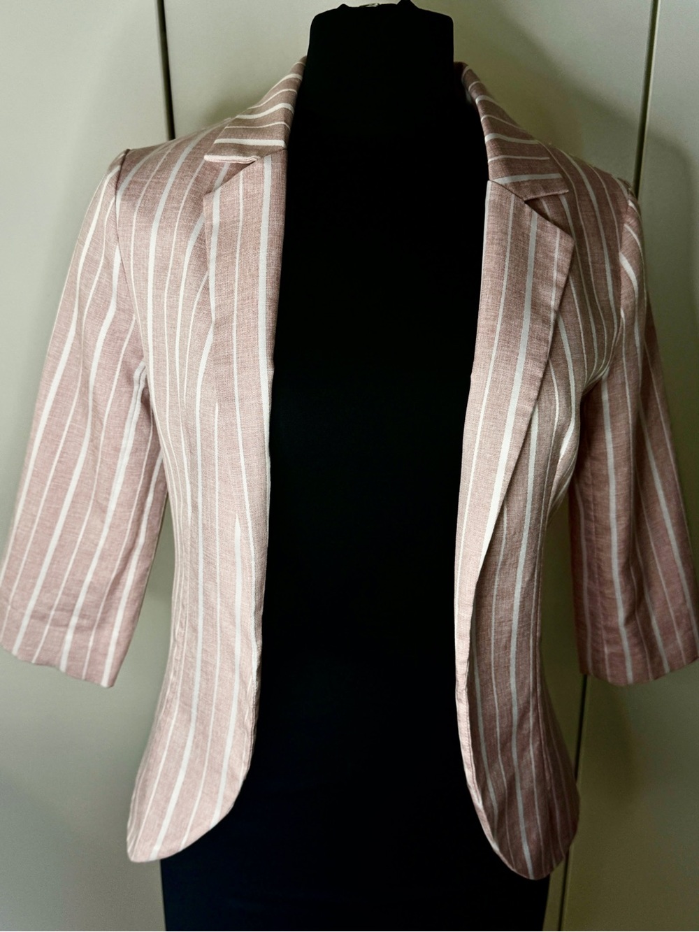 Allegra K Women's dusty Pink Striped 3/4 Sleeve Blazer - Tailored Open Front XSM
